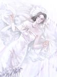  1girl asymmetrical_clothes bridal_veil bride dress formal freckles jewelry libra_ten lying necklace parted_lips shingeki_no_kyojin short_hair shoulderless_dress solo veil wedding_dress white white_dress ymir_(shingeki_no_kyojin) 