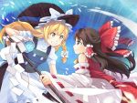  2girls blonde_hair braided_hair brown_eyes brown_hair detached_sleeves gohei grin hair_ribbon hakurei_reimu japanese_clothes kirisame_marisa masuneko multiple_girls ribbon smile touhou witch yellow_eyes 