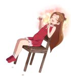  1girl :d aratsuka bare_shoulders blush brown_hair chair closed_eyes dokidoki!_precure dress eating food half_updo happy ice_cream long_hair madoka_aguri open_mouth precure simple_background sitting sleeveless smile solo sparkle spoon white_background wooden_chair 