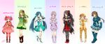  6+girls :q adjusting_hair bare_shoulders black_hair blue_eyes blue_hair boots brown_eyes brown_hair capelet character_name charlotte_(madoka_magica) commentary dress elbow_gloves elsa_maria_(madoka_magica) eyebrows flower gertrud_(madoka_magica) gisela_(madoka_magica) gloves green_eyes green_hair h.n.elly_(kirsten) hair_flower hair_ornament hair_over_one_eye hair_ribbon hair_rings hands_clasped izabel_(madoka_magica) kneehighs long_hair madoka_runes mahou_shoujo_madoka_magica multiple_girls necktie open_mouth orange_hair parted_lips patricia_(madoka_magica) personification pigeon-toed pink_hair ribbon short short_hair short_twintails signature sleeves_past_wrists standing striped striped_legwear tagme tongue twintails wink witch_(madoka_magica) yunare 