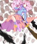  1girl bow fan folding_fan hata_no_kokoro maiwetea mask naginata noh_mask ofuda oni_mask pink_eyes pink_hair plaid plaid_shirt polearm touhou weapon 