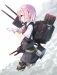  1girl belt blue_eyes cannon gloves gun hair_ornament highres kantai_collection kojiki-life mouth_hold personification pink_hair ribbon school_uniform shiranui_(kantai_collection) short_sleeves skirt solo vest weapon white_gloves 