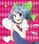  1girl blue_eyes blue_hair blush bow cirno ciruan dress hair_bow hands_together heart ice ice_wings open_mouth short_hair smile solo touhou wings 