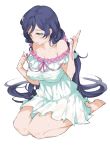  1girl bare_legs bare_shoulders barefoot blush breasts dress gj green_eyes large_breasts long_hair love_live!_school_idol_project open_mouth purple_hair seiza sitting skirt solo sweat toujou_nozomi twintails very_long_hair white_dress 