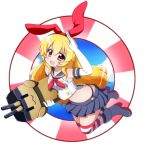  1girl aikatsu! black_panties blonde_hair blush boots cosplay elbow_gloves gloves hairband highleg highleg_panties hoshimiya_ichigo kantai_collection long_hair looking_at_viewer oborotsuki_kakeru panties red_eyes rensouhou-chan salute shimakaze_(kantai_collection) shimakaze_(kantai_collection)_(cosplay) skirt smile solo striped striped_legwear thighhighs underwear white_gloves zettai_ryouiki 