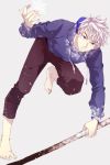  1boy barefoot blue_eyes hoodie jack_frost_(rise_of_the_guardians) magic rise_of_the_guardians sara666 silver_hair snowflakes solo staff 