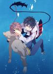  2boys ao_no_exorcist black_hair headphones highres multiple_boys necktie okumura_rin pointy_ears redhead sara666 shima_renzou tail underwater 