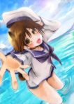 1girl animal_ears ascot blush brown_eyes brown_hair dutch_angle extra_ears hat hat_removed headwear_removed miyafuji_yoshika ocean okatsukisei one-piece_swimsuit open_mouth outstretched_hand partially_submerged sailor solo strike_witches swimsuit 