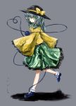  1girl blouse character_name fastbond frilled_skirt frilled_sleeves frilled_socks frills green_eyes green_hair hands_in_sleeves hat hat_ribbon heart komeiji_koishi medium_hair ribbon shadow simple_background skirt sleeves_past_wrists smile solo third_eye touhou wavy_hair wide_sleeves 