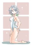  1girl adjusting_clothes adjusting_swimsuit bare_shoulders blue_eyes bracelet braid breasts competition_swimsuit highres izayoi_sakuya jewelry kneeling one-piece_swimsuit ponke ribbon short_hair silver_hair solo swimsuit touhou twin_braids white_swimsuit 