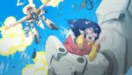  1girl battle black_hair blush choujikuu_yousai_macross damaged debris dress explosion falling flying gerwalk hands ichijou_hikaru long_hair lynn_minmay macross mecha motion_blur rescue scared screaming spoilers tears vf-1 vf-1d will-ruzicka 