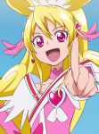  1girl :d aida_mana blonde_hair blue_background cure_heart dokidoki!_precure eyelashes hand_on_hip long_hair manji_(tenketsu) open_mouth outstretched_arm pink_eyes pointing precure simple_background smile solo 