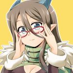  1girl blue_eyes breasts brown_hair bust cleavage glasses horns long_hair looking_at_viewer pixiv_fantasia pixiv_fantasia_4 pointy_ears simple_background smile solo uraichishi yellow_background 