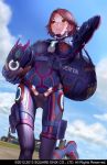  1girl bodysuit brown_hair clouds from_below highres lips manbou_(manvow) original parted_lips short_hair sky square_enix star_galaxy 