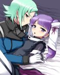  aqua_hair blue_eyes fram_nara girard_spriggan gloves green_eyes gundam gundam_age hair_tubes holding_hands inaho purple_hair twintails 