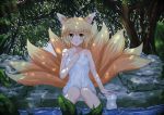  1girl blonde_hair collarbone feet_in_water fox_mask fox_tail mask naked_towel soaking_feet solo tail touhou towel tree_shade water white_crow yakumo_ran yellow_eyes 