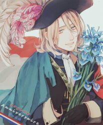  1boy anniversary ascot axis_powers_hetalia black_gloves black_hat blonde_hair blue_cape blue_eyes blue_flower blue_jacket blue_shirt bouquet buttons cape facial_hair flower france_(hetalia) french_flag french_text gem gloves green_gemstone hair_between_eyes hat hat_feather hat_ornament holding holding_bouquet jacket long_sleeves looking_at_viewer male_focus military_hat military_jacket military_uniform quxiaochong shirt short_hair simple_background smile solo tassel teeth upper_body white_ascot white_background 