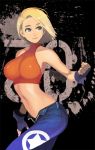  1girl bangs bare_shoulders belt blonde_hair blue_eyes blue_mary breasts clenched_hand fingerless_gloves gloves halter_top halterneck jeans king_of_fighters large_breasts navel open_fly parted_bangs short_hair smile solo star steward_b unzipped 