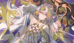  1girl absurdres arknights arm_up bare_shoulders beads blonde_hair colored_extremities commentary dragon_girl dragon_horns grey_eyes hair_between_eyes highres horns jacket long_hair long_sleeves lying multicolored_hair on_back parted_lips pointy_ears purple_hair reach_far_away_(viuooczy) shu_(arknights) solo strapless tube_top white_hair white_jacket white_tube_top 