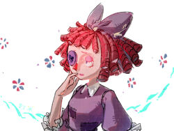  1girl bow button_eyes buttons curly_hair hair_bow half-closed_eyes hand_up patch purple_bow purple_shirt ragatha_(the_amazing_digital_circus) red_hair shirt solo the_amazing_digital_circus triangle_nose upper_body white_background xiami123 