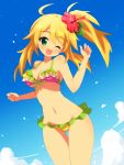  1girl alternate_hairstyle bikini blonde_hair blush breasts clouds cloudy_sky flower frilled_bikini frills green_eyes hahifuhe hair_flower hair_ornament highres hoshii_miki idolmaster long_hair looking_at_viewer open_mouth side_ponytail sky solo swimsuit wink 