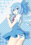  1girl :o blue blue_background blue_dress blue_eyes blue_hair bow c0manah cirno cover cover_page detached_wings dress dress_lift hair_between_eyes hair_bow panties polka_dot polka_dot_background short_dress short_sleeves snowflakes solo spoon striped striped_background striped_panties touhou underwear wings 
