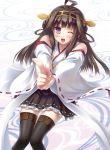  1girl ahoge brown_hair detached_sleeves hair_ornament hairband headgear japanese_clothes kantai_collection kongou_(kantai_collection) long_hair open_mouth personification sakai_sakae solo thighhighs violet_eyes wide_sleeves wink 