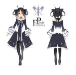  1girl bare_shoulders black_dress black_hair boots bow character_profile character_request choker cross dress frills from_behind full_body hair_ribbon horns orange_eyes pixiv_fantasia pixiv_fantasia_sword_regalia popoccpo ribbon solo tattoo thigh-highs thigh_boots twintails 