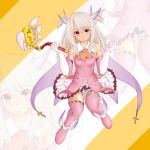  1girl boots elbow_gloves fafnirouka fate/kaleid_liner_prisma_illya fate_(series) feathers gloves hair_feathers illyasviel_von_einzbern kaleidostick long_hair magical_girl prisma_illya red_eyes silver_hair solo thigh_boots thighhighs two_side_up wand white_hair zoom_layer 