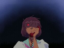  1other alt_text aqua_sailor_collar brown_hair closed_mouth commentary corded_phone cosplay deltarune derivative_work english_commentary hellspawnmotel himemiya_anthy himemiya_anthy_(cosplay) holding holding_phone kris_(deltarune) ootori_gakuen_school_uniform other_focus phone red_eyes sailor_collar school_uniform screenshot_redraw shirt short_hair shoujo_kakumei_utena solo white_shirt 