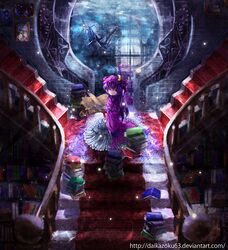  1girl absurdres book bookshelf crescent daikazoku63 dress hat highres kneeling library long_hair looking_back patchouli_knowledge purple_hair shipwreck smile solo stairs sunbeam sunlight touhou violet_eyes water window 