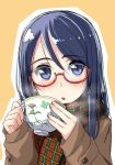  1girl :o blue_eyes blue_hair blush bust coat cup glasses long_hair looking_at_viewer original scarf solo takebi teacup 