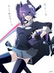  1girl eyepatch fingerless_gloves gloves grin headgear kantai_collection machinery milcho personification purple_hair scabbard sheath short_hair smile solo sword tenryuu_(kantai_collection) thighhighs thighhighs_over_pantyhose weapon yellow_eyes 