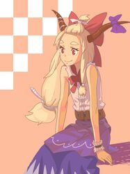  1girl alternate_hairstyle blonde_hair bow eyebrows forehead horn_ribbon horns ibuki_suika long_hair low-tied_long_hair p_no_hito red_eyes ribbon sitting skirt sleeveless smile solo thick_eyebrows touhou wrist_cuffs 