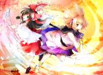  2girls anklet ba_gua belt black_hair blonde_hair blue_eyes bow bracelet brown_eyes cherry_blossoms chrysanthemum detached_sleeves dress flower gohei hair_bow hair_tubes hakurei_reimu headphones highres jewelry leg_up long_hair looking_at_viewer looking_over_shoulder makuwauri multicolored_background multiple_girls ofuda open_hand open_mouth outstretched_arm sandals shoes skirt skirt_set sleeveless sleeveless_dress smile socks sword tiptoes touhou toyosatomimi_no_miko trigram weapon yin_yang 