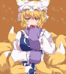  1girl blonde_hair blood breasts fox_tail hat long_sleeves multiple_tails ringed_eyes short_hair simple_background sleeves_past_wrists solo tail touhou yakumo_ran yellow_eyes 