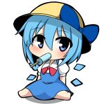  1girl alternate_headwear blue_dress blue_eyes blue_hair bow chibi cirno dress hat hat_bow ice ice_wings looking_at_viewer mouth_hold popsicle puffy_sleeves shirt short_sleeves simple_background sitting solo touhou twumi wariza white_background wings 