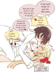  2girls all_fours alternate_language bare_shoulders blonde_hair brown_eyes brown_hair claire_francois commentary_request dress embarrassed english_text eye_contact food girl_on_top green_eyes hair_ribbon hand_on_another's_stomach heart highres krill55 long_hair long_sleeves looking_at_another multiple_girls off-shoulder_dress off_shoulder open_mouth pocky pocky_kiss profile rae_taylor red_ribbon ribbon short_hair sidelocks sound_effects speech_bubble spoken_heart sweatdrop watashi_no_oshi_wa_akuyaku_reijou white_dress yukadon yuri 