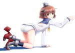  1girl all_fours ass black_legwear blush boots brown_eyes brown_hair chipika hairband kantai_collection looking_at_viewer looking_back mecha_musume neckerchief no_pants open_mouth panties personification school_uniform serafuku short_hair socks solo underwear white_background white_panties yukikaze_(kantai_collection) 