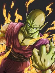  1boy antennae aura bald black_background black_eyes black_nails black_sash colored_skin come_at_me_bro commentary cowboy_shot debudebumetabo dougi dragon_ball dragon_ball_super dragon_ball_super_super_hero dutch_angle embers fiery_aura fingernails fire green_skin highres looking_at_viewer male_focus muscular muscular_male parted_lips pectorals piccolo pointy_ears potential_unleashed sash sharp_fingernails simple_background smirk smug solo 