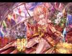  1girl alternate_costume blonde_hair bow flandre_scarlet flower japanese_clothes kimono lantern letterboxed long_hair off_shoulder red_eyes side_ponytail solo torino_akua touhou wings yukata 