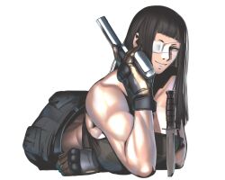  1girl adun_madun belt biceps black_gloves blunt_bangs combat_knife desert_eagle eyepatch gloves gun handgun highres hime_cut jormungand_(manga) knife long_hair looking_at_viewer lying on_stomach sofia_valmer solo straight_hair tactical_clothes weapon white_background 