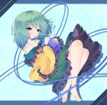 1girl aqua_hair bare_legs bare_shoulders barefoot blouse blue_background blue_eyes blush border collarbone fant gradient gradient_background knees_up komeiji_koishi looking_at_viewer no_hat object_hug off_shoulder parted_lips shadow short_hair simple_background skirt solo third_eye touhou 