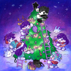  2girls 4boys antenna_hair aubrey_(headspace)_(omori) aubrey_(omori) axe barefoot basil_(headspace)_(omori) basil_(omori) black_eyes black_hair black_scarf black_tank_top blue_overalls blue_shirt blush box bright_pupils chibi chibi_only christmas christmas_lights christmas_ornaments christmas_tree closed_eyes closed_mouth colored_skin decorating_christmas_tree flower gift gift_box green_eyes green_hair grin hairband head_wreath hero_(headspace)_(omori) hero_(omori) holding holding_gift kel_(headspace)_(omori) kel_(omori) ladder long_hair looking_at_another mari_(headspace)_(omori) mari_(omori) mr._plantegg_(omori) multiple_boys multiple_girls noose omori omori_(omori) on_ladder open_mouth overalls parted_lips pleated_skirt purple_hair red_skirt scarf shirt short_hair short_sleeves shorts skirt smile snake snow snow_bunny_(omori) spoilers sprout_mole sun_iiinu t-shirt tank_top teeth violet_eyes white_pupils white_shorts white_skin 