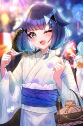  1girl alternate_costume bag blue_hair blue_nails blurry blurry_background candy_apple chocolate-covered_food chocolate_banana fireworks food gradient_hair grey_eyes hair_flaps hana_s handbag highres japanese_clothes kimono looking_at_viewer medium_hair multicolored_hair night obi one_eye_closed open_mouth sash shiranami_ramune solo solo_focus summer summer_festival teeth tsumugi_kokage upper_body upper_teeth_only virtual_youtuber vspo! water_drop_hair_ornament wide_sleeves yukata 