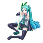  1girl aqua_eyes aqua_hair arm_support boots copyright_name detached_sleeves hatsune_miku headset highres long_hair nail_polish necktie oonishi_shunsuke simple_background sitting skirt solo spring_onion tattoo thigh_boots thighhighs twintails very_long_hair vocaloid white_background 