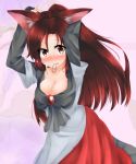  1girl animal_ears arms_up blush breasts cleavage dress fang imaizumi_kagerou long_hair mouth_hold red_eyes redhead ribbon solo touhou tsukui_kachou tying_hair very_long_hair wolf_ears 