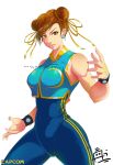  1girl alternate_costume bodysuit breasts brown_eyes brown_hair capcom chun-li crop_top double_bun earrings fighting_stance hair_ribbon highres jewelry lips nail_polish ran-zu ribbon signature street_fighter street_fighter_zero studded_bracelet watermark web_address white_background 