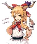  1girl candy chinese fkey horns ibuki_suika lollipop long_hair orange_hair solo touhou translation_request yellow_eyes 