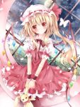  1girl blonde_hair blush bow butterfly dress flandre_scarlet full_moon hat holding long_hair moon night nogi_takayoshi red_eyes short_sleeves side_ponytail solo stuffed_animal stuffed_bunny stuffed_toy touhou wings wrist_cuffs 